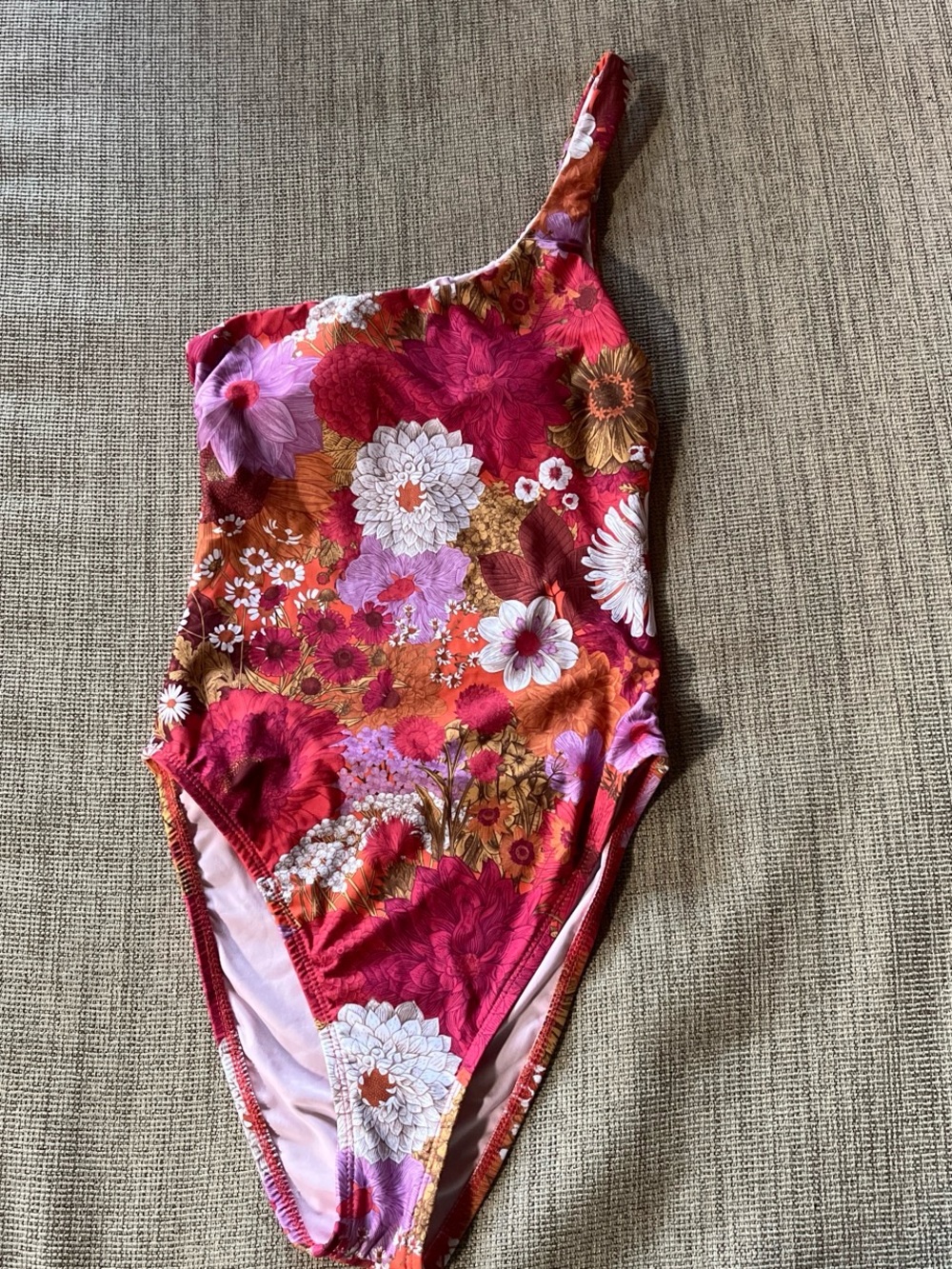 One-Shoulder Floral Swimsuit in Red, Orange & Pink